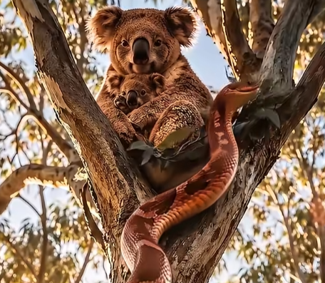 Mother Koala Protects Her Baby as Snake Climbs Toward Them in the Forest
